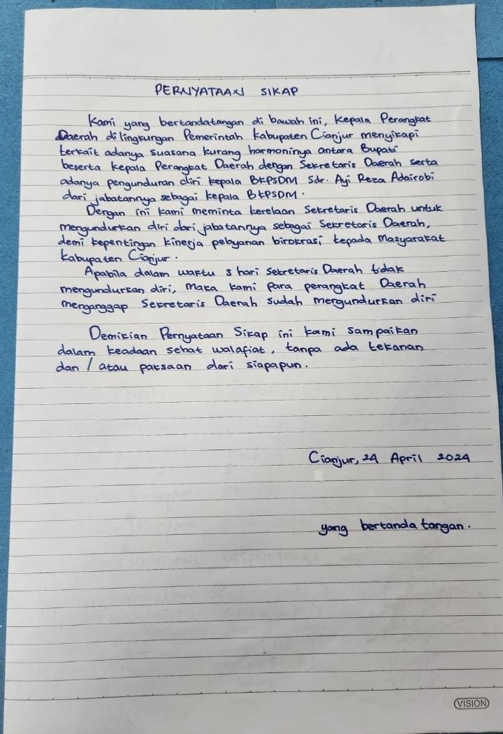 Beredar Surat Pernyataan OPD Menuntut Sekda Cianjur Segera Mundur