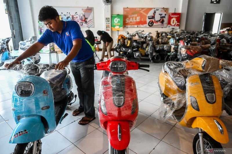 Petugas mengecek kendaraan bermotor listrik di Jatinegara,  Jakarta, Rabu (29/5/2024). Foto: Antara