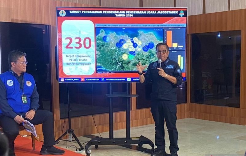 Dirjen Gakkum KLHK Rasio Ridho Sani menjelaskan kegiatan pengawasan pencemaran udara Jabodetabek dalam konferensi pers di Jakarta, Rabu (21/8/2024). Foto: ANTARA