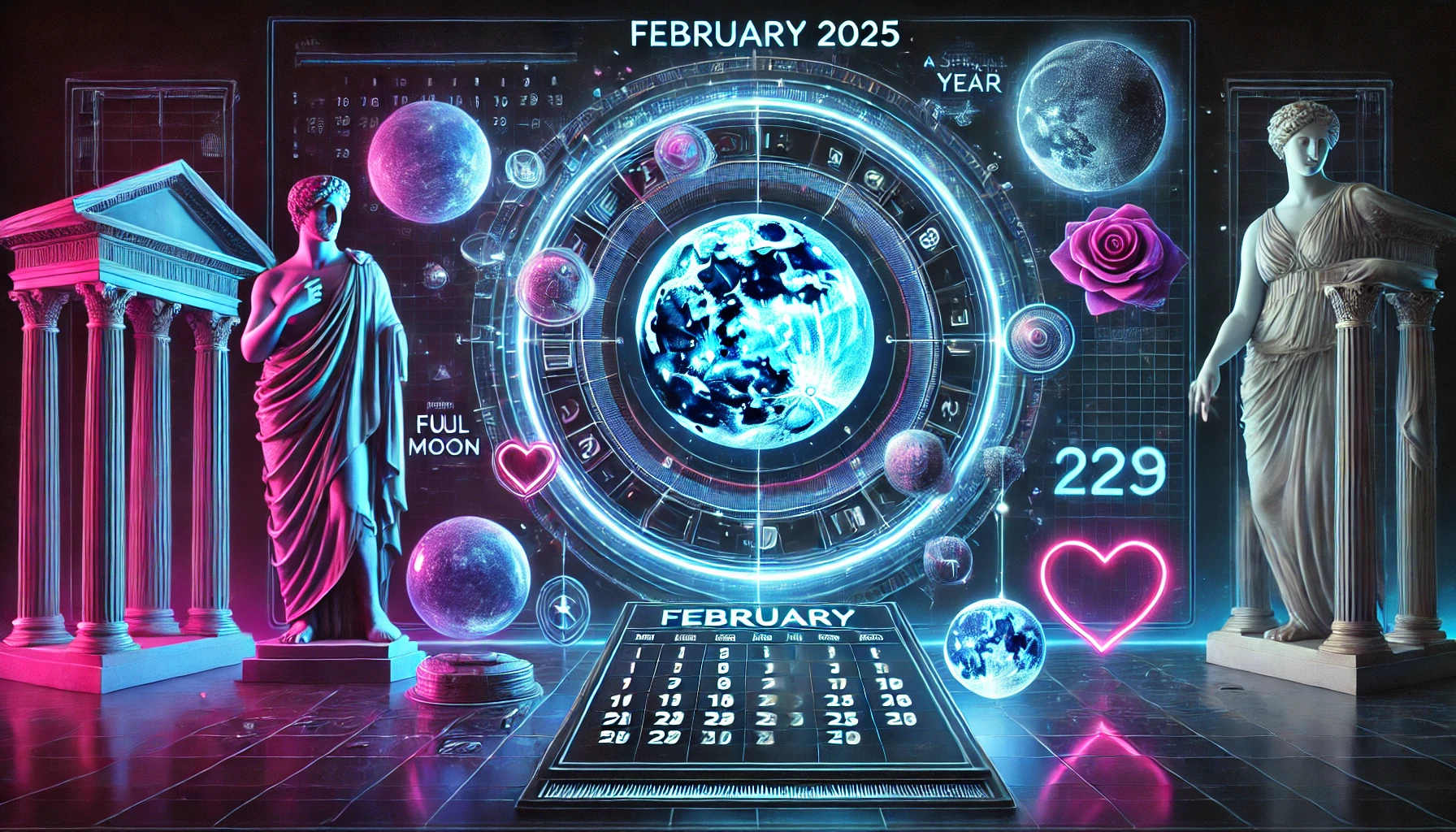 Berikut adalah gambar yang menggambarkan keunikan bulan Februari 2025 dengan sentuhan futuristik, termasuk kalender bercahaya, elemen sejarah Romawi, bulan purnama yang langka, dan simbol Hari Valentine serta tahun kabisat. Foto: apakabar.co.id